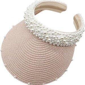 Straw Visor With Pearl Headband Pink One Size